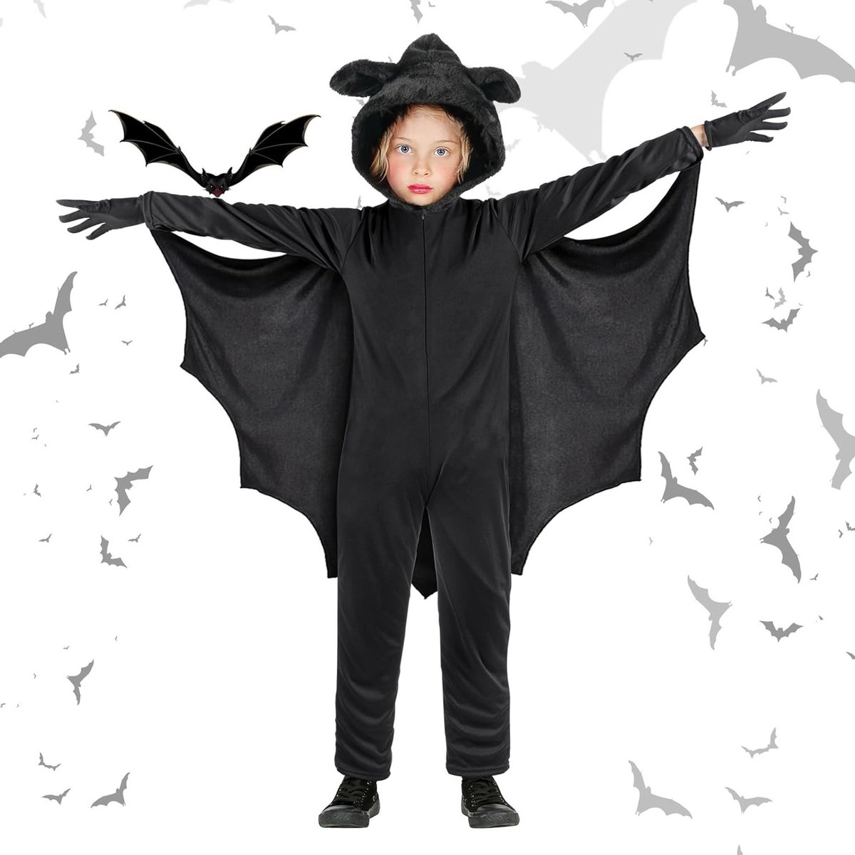 Griezelig Bat Kostuum voor Kinderen met Vampier Vleugels en Handschoenen voor Halloween Feestjes en Verkleedpartijen