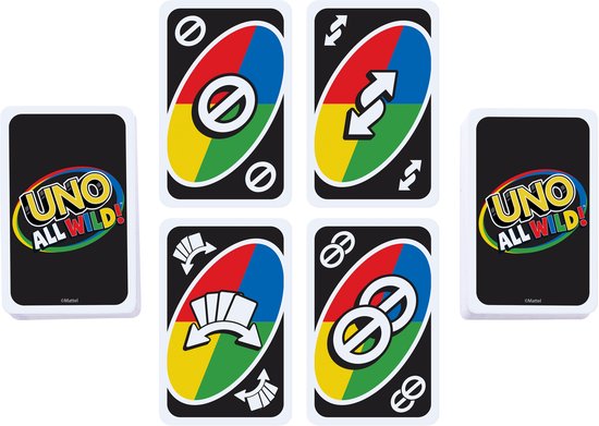 Verschillende UNO All Wild speelkaarten, waaronder skip, omkeer, +2, dubbele skip en een wild kaart.