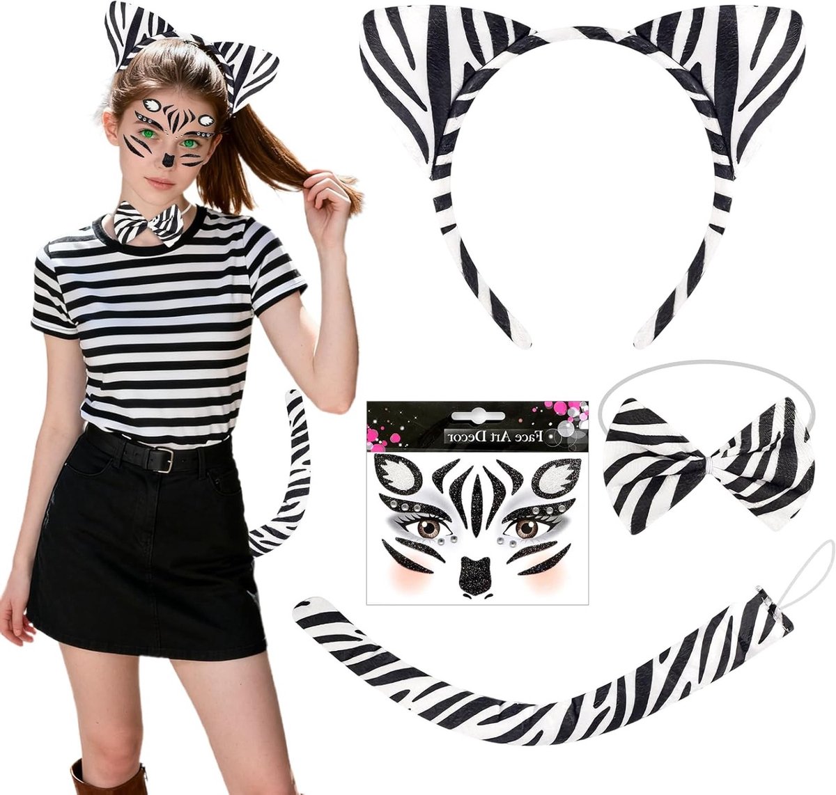 Zebra Kostuum Set met Oren, Haarband, Vlinder, Staart en Gezichts Tattoos voor Carnaval en Feestjes