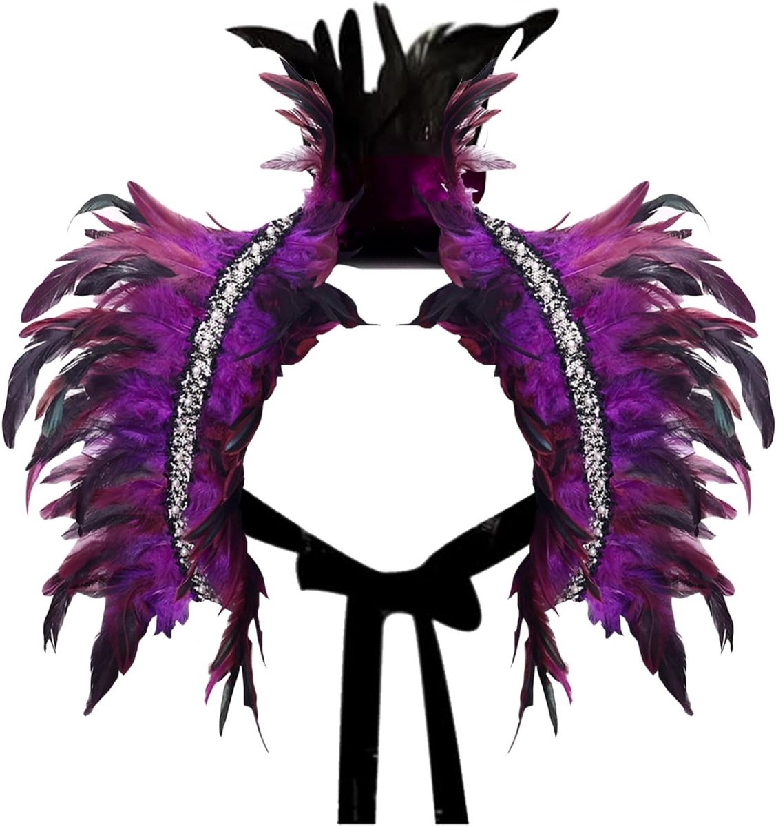 Gothic Veer Kraag en Cape met Vleugels voor Halloween en Carnaval - Unisex Kostuum met Natuurlijke Veren in Paars