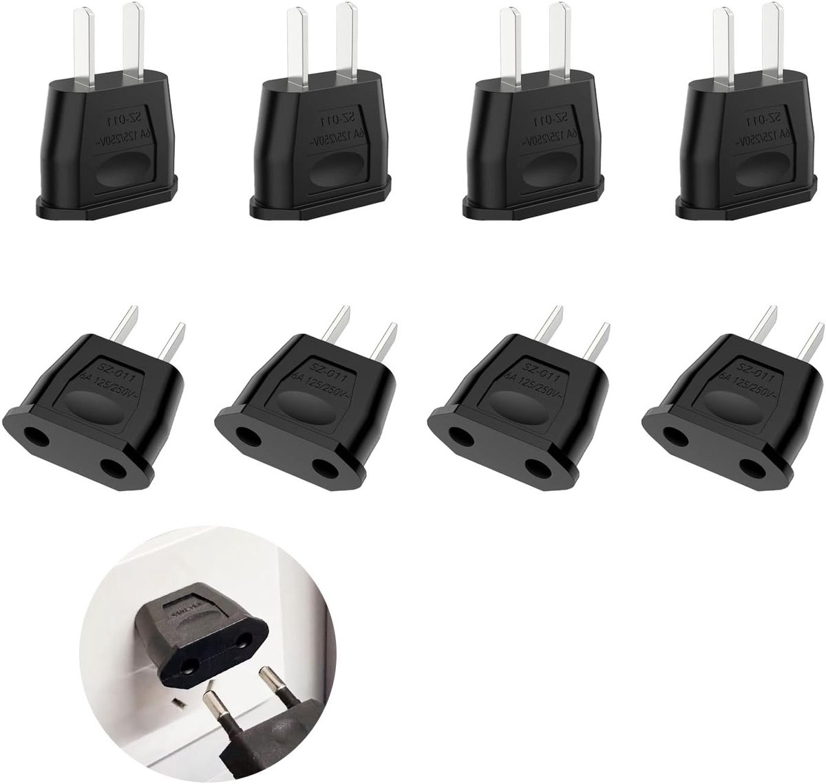 Reisadapter Set van 8 Stuks voor Europa naar VS, Universele Reisadapter voor Japan, Canada en Mexico (Zwart)