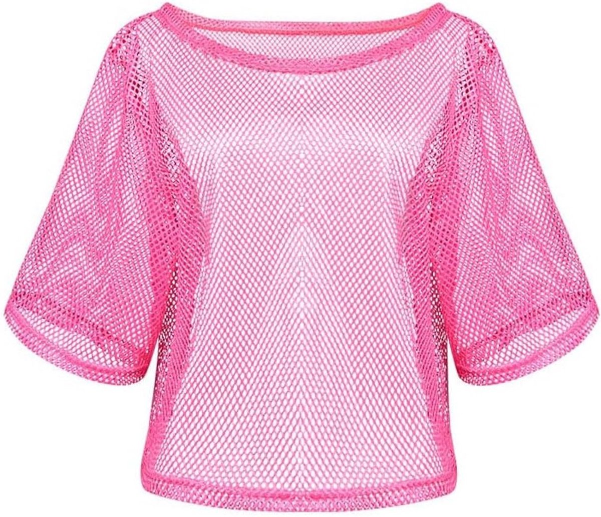 80s Neon Fishnet Mesh T-Shirt voor Vrouwen, Retro Kostuum voor Feestjes, Sexy Casual Top voor 80s Thema Party