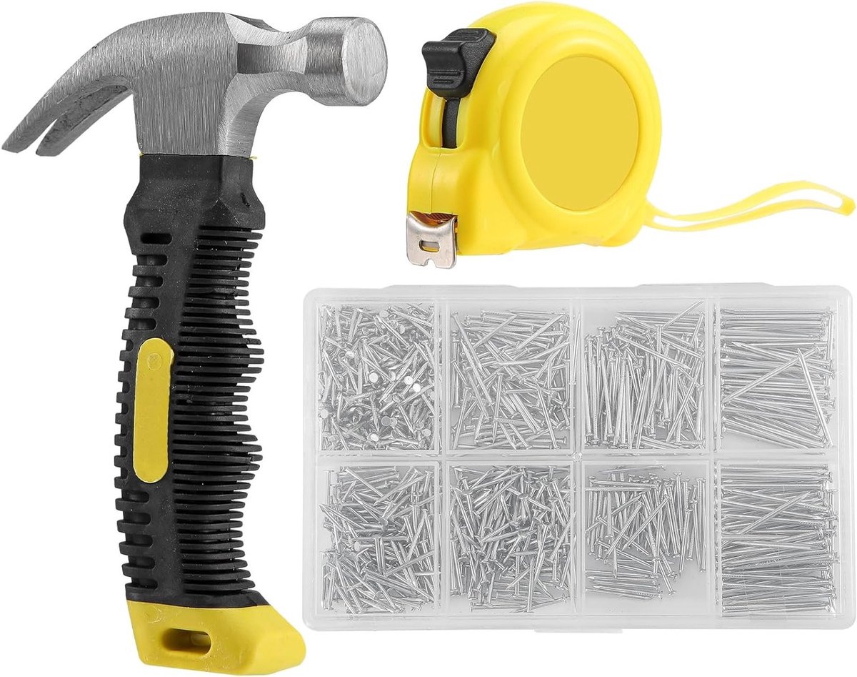 Korte Klauwhamer voor Houtbewerking, Antislip Hamer en 900 IJzeren Spijkers Set voor DIY, Reparatie en Kamperen