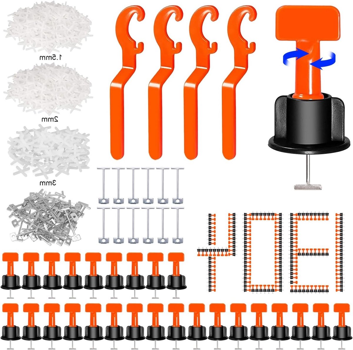 Rotatable Tegels Niveau Systeem met 200 Stukken - 2mm en 3mm Tegel Kruisen en Interchangeable Stalen Pinnen voor Perfecte Tegelplaatsing