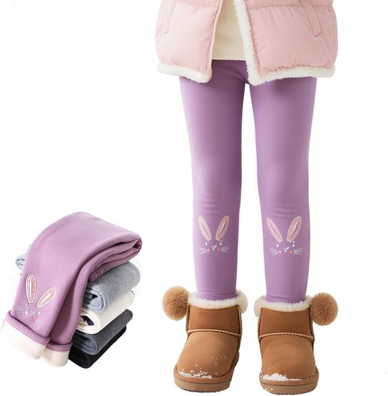 Paarse leggings voor meisjes met roze konijnenprint op de knieën. De binnenkant is van witte fleece.
