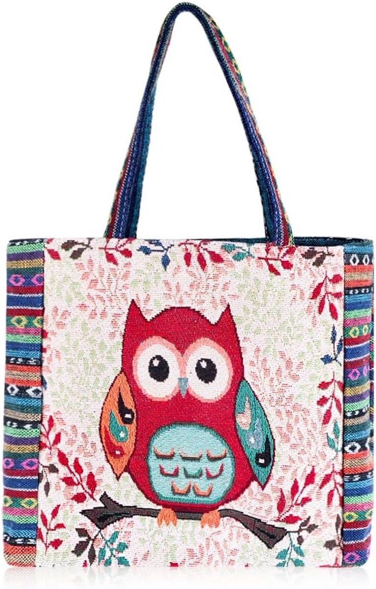 Canvas Uil Tote Bag Esthetische Gehaakte Hobo Handtassen met Zip Interieur Pocket Geborduurd Herbruikbaar voor Vrouwen Strand Boodschappen
