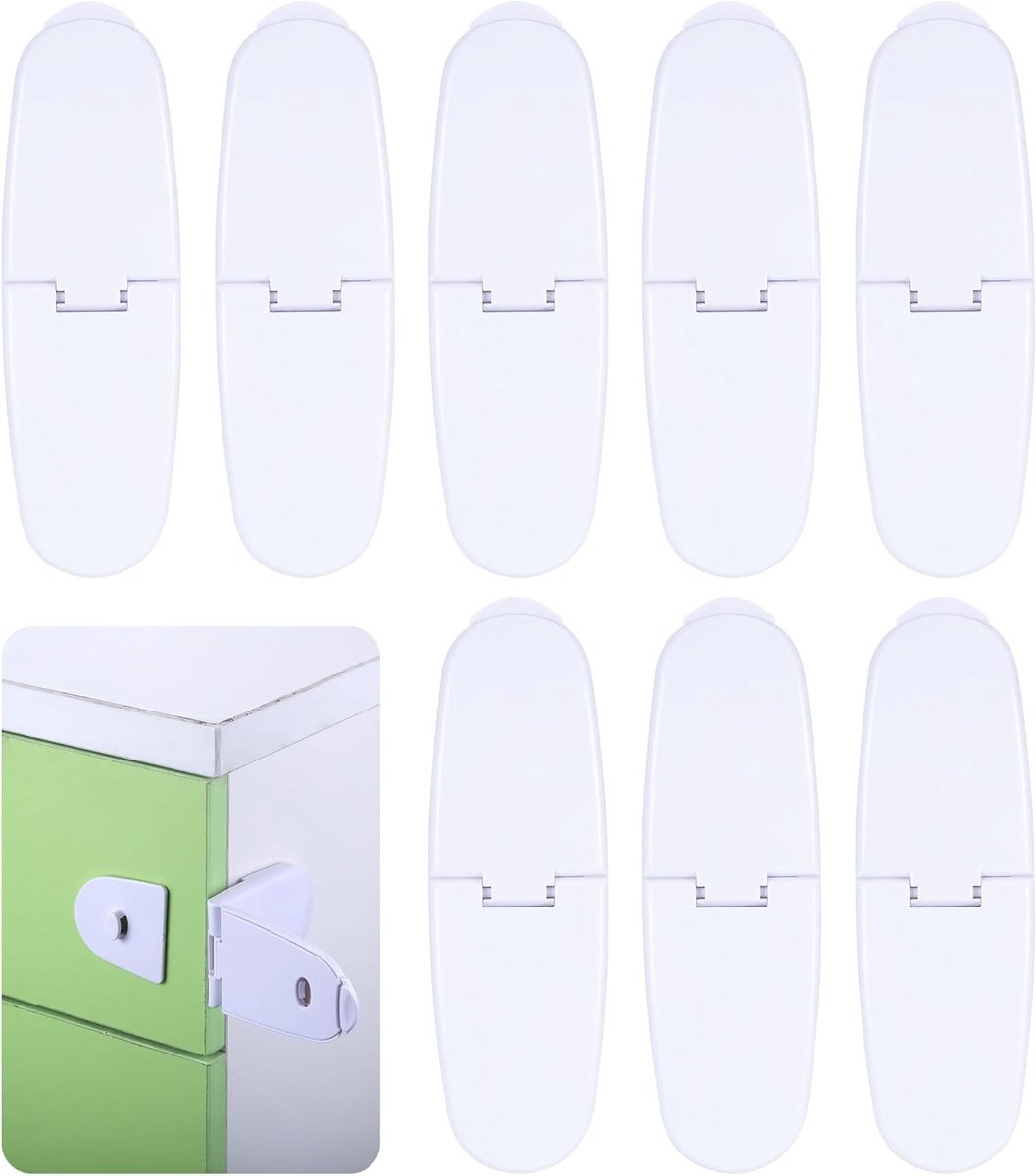 Veiligheidsloten voor Kinderen - 8 Stuks, Babyproof Kasten en Lades, Zonder Boren, Wit, Sterke Lijm, Ideaal voor Keuken en Badkamer