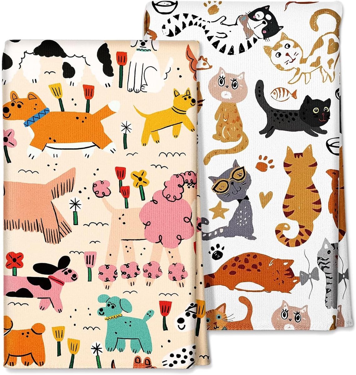 Set van 2 Microvezel Keukenhanddoeken met Afwasdoeken - Zachte en Absorberende Handdoeken voor Thuisdecoratie, Schattige Honden en Katten, 40x60cm