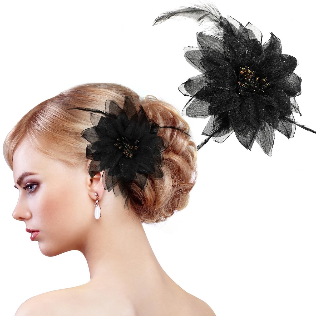 Seb2 - Vintage Haaraccessoires - 1920s Fascinator Clips - Zwart - Bloemen Haarspeld - Perfect voor Bruiloften en Feestjes - 2 Stuks