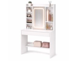 Make Up Tafel – Kaptafel met Spiegel en Verlichting – XL LED Spiegel 62 cm – Verborgen Sieradenkast – 3 Lichtkleuren Dimbaar – 86 cm Lade & 6 Vakken – 145 x 90 x 40 cm – Voor Slaapkamer & Kleedkamer – Wit – Monza Home