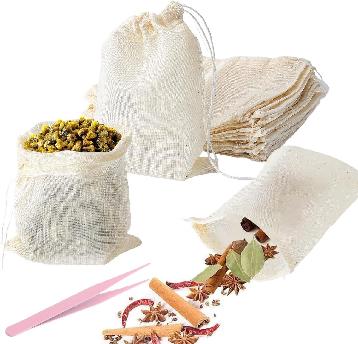 Set van 20 Herbruikbare Katoenen Kruidenzakjes 10 x 15 cm voor Koken, Thee, Koffie en Specerijen