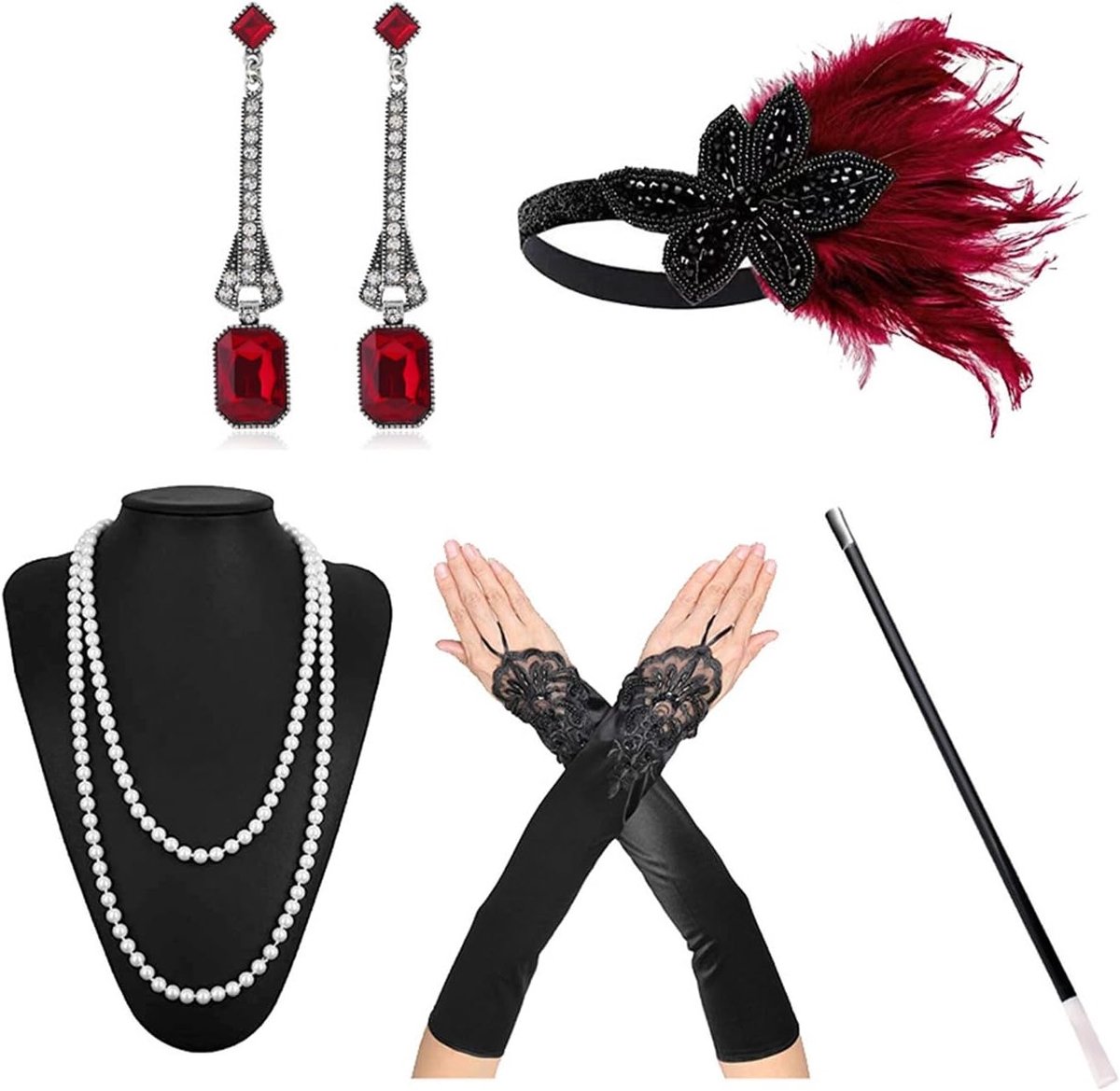 Vintage 1920s Accessoires voor Dames - Gatsby Kostuum Set met Parels, Kanten Handschoenen en Retro Oorbellen voor Feestjes en Dansavonden