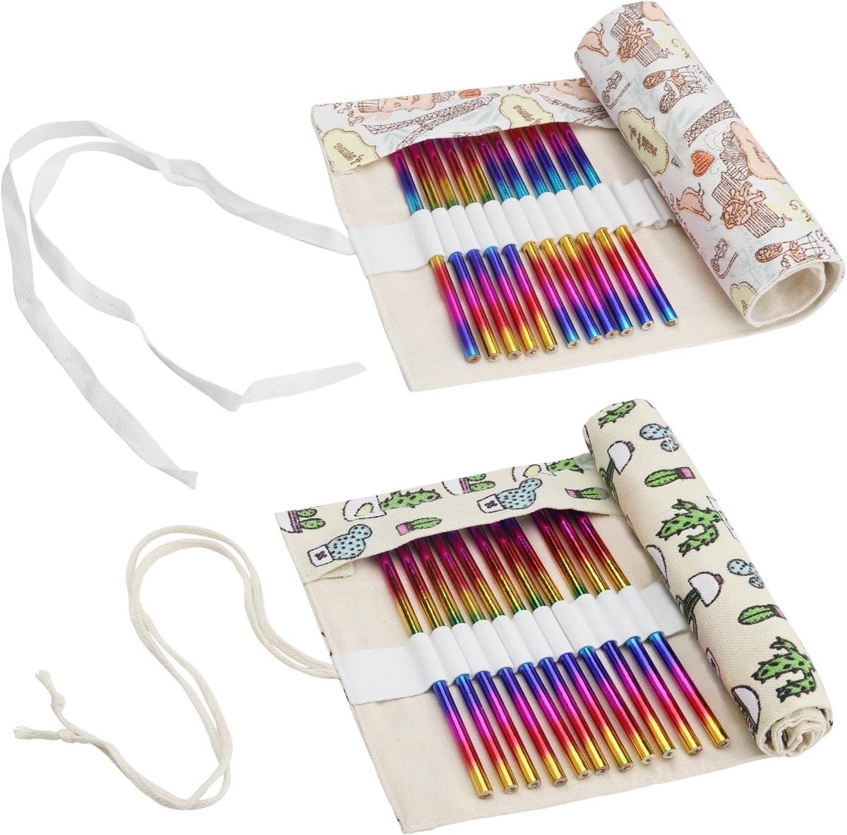 2 Stuks Canvas Pen Roll met 36 Openingen, Wasbare Cactus Ontwerp voor Kleurpotloden en Waterverf (46x20CM)