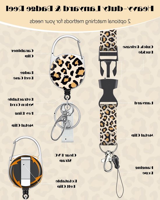 Stijlvolle Badgehouder met Retractable Reel en Carabiner Clip - Oranje Luipaardprint, Verticaal Kaartbescherming, Ideaal voor Werk en Evenementen — afbeelding 3