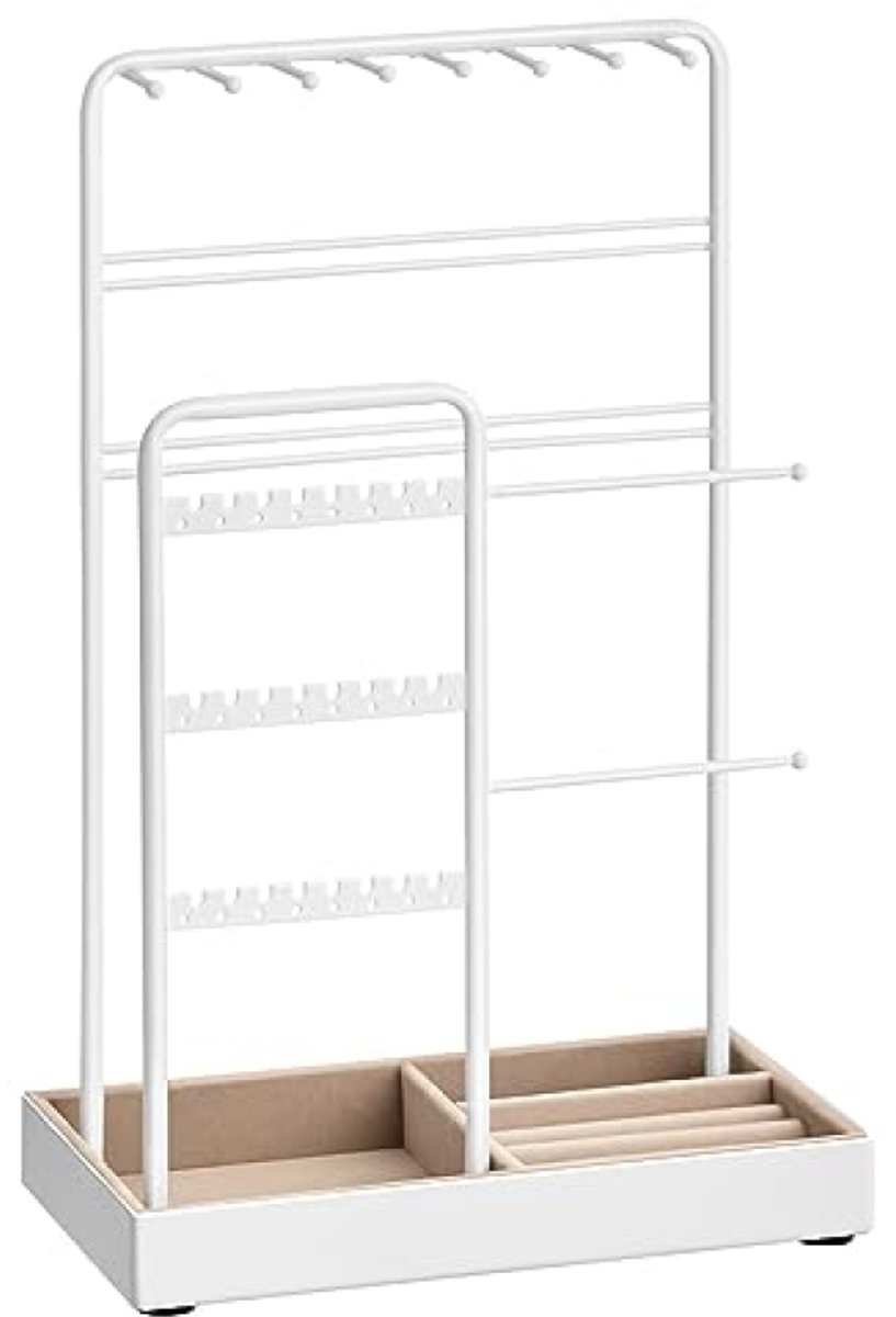 PromoHome Sieradenstandaard met metalen frame en fluwelen dienblad - houder voor oorbellen, armbanden, kettingen en ringen - wit