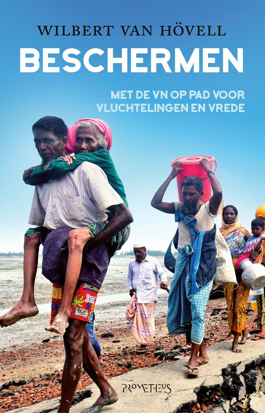 Boekomslag: man met twee vrouwen op rug, met de VN op pad voor vluchtelingen en vrede.