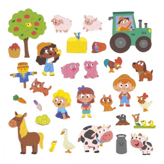 Een verzameling boerderijfiguren, waaronder een tractor, boerderijdieren, kinderen en een boeman.