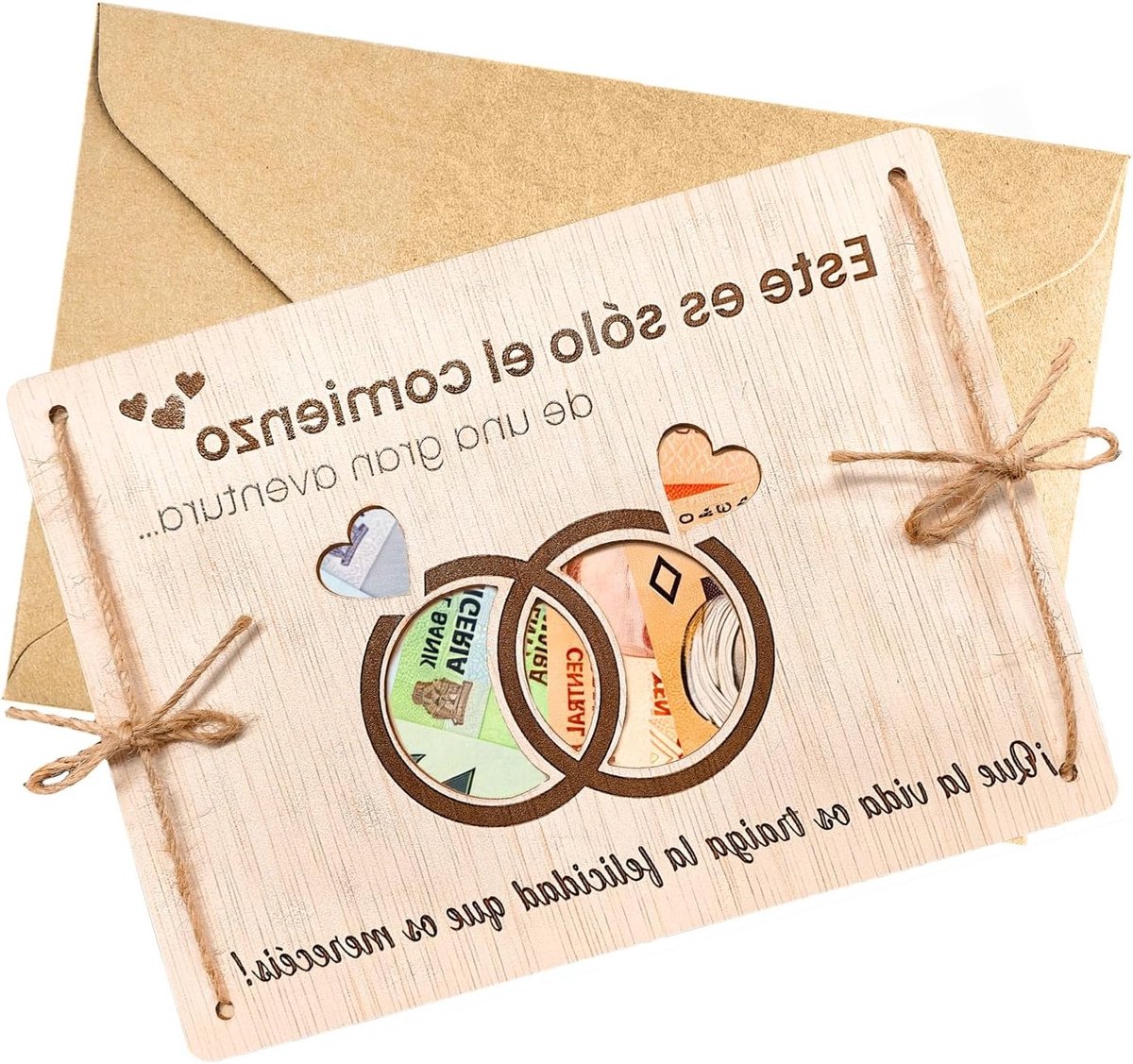 Gepersonaliseerd Huwelijksgeschenk van Hout met Envelop, Creatief Geldcadeau voor Koppels, Unieke Cadeauverpakking voor Bruiloft