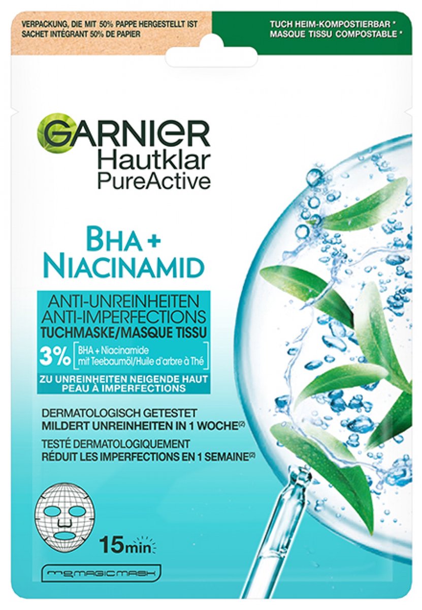 Garnier SkinActive PureActive Tissue Masker Tea Tree en Salicylzuur - 1 stuk