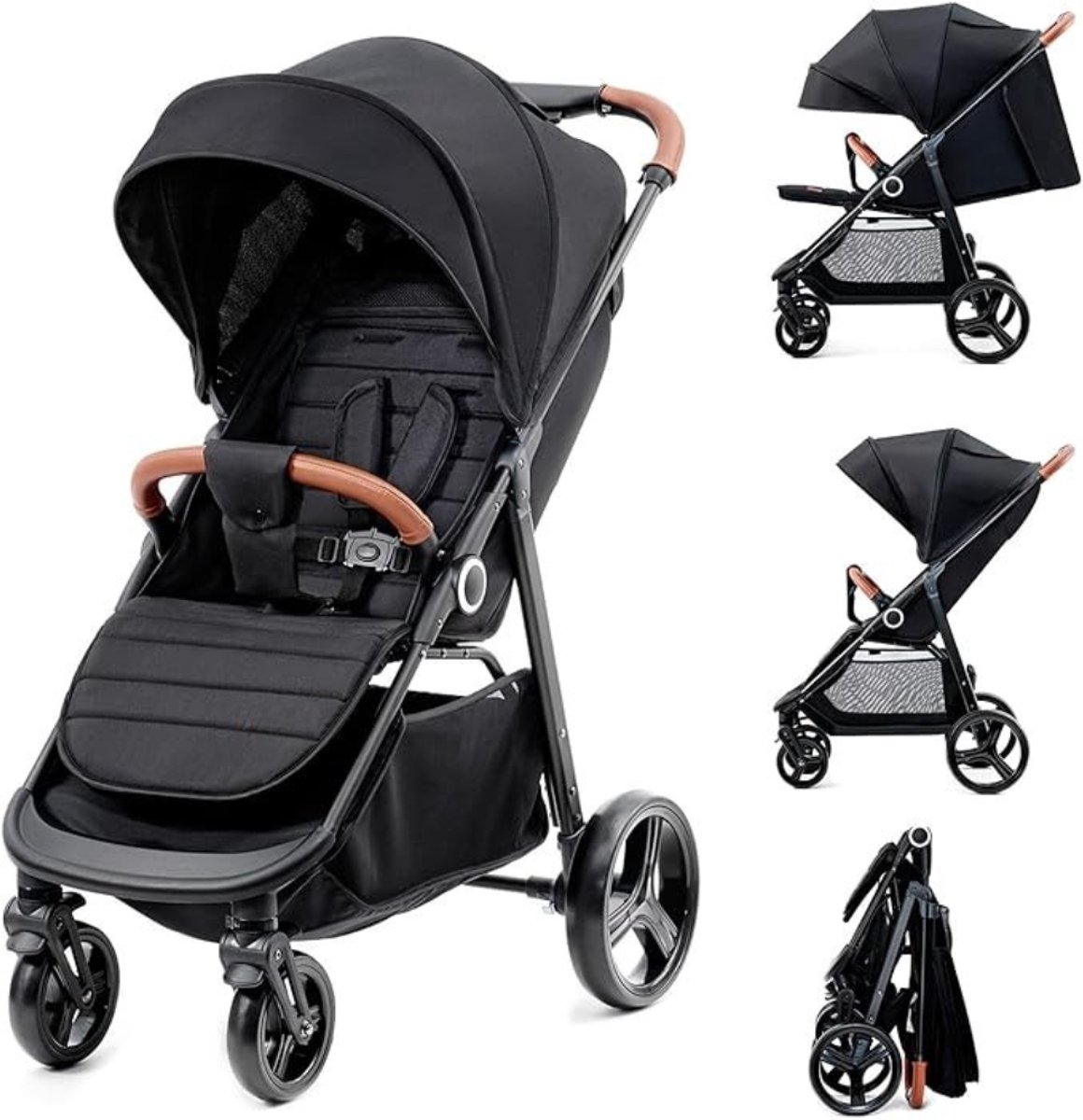 Verte Reisbuggy - Lichtgewicht Kinderwagen Vanaf de Geboorte tot 22 kg - Met Eén Hand op te Vouwen - Ligstand - Ruime XL-Bak - Alle Wielen Geveerd - Zwart