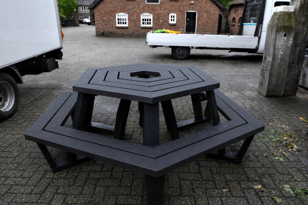 Rockwood® Picknicktafel Zwaar Kunststof Rond Zeshoekig - Ural Black 2.50m Naturel