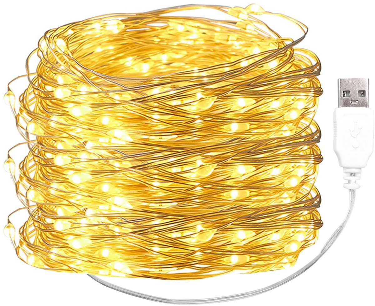 Dailygoods - USB Led Lichtsnoer 10m met 100 Warmwitte LED's op Koperdraad