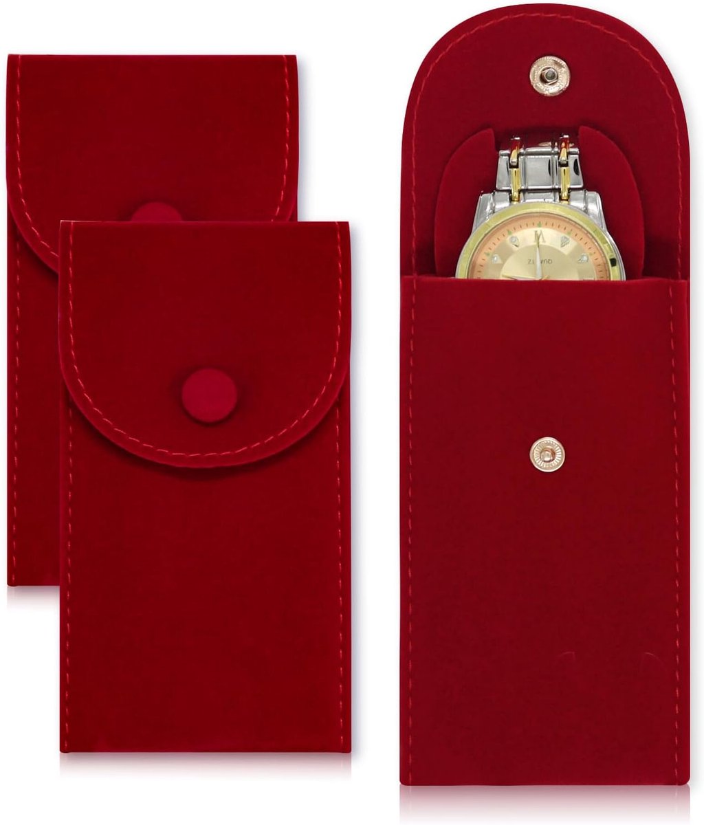 2 stuks fluwelen horlogeopbergtas, ingebouwd horlogekussen voor dames en heren, draagbare eenpersoonshorloge, reistas, horlogetas, cadeautas met drukknop (rood)