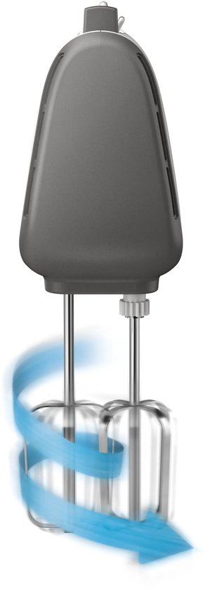 Een grijze handmixer met ronddraaiende metalen gardes, met blauwe bewegingsindicatie.