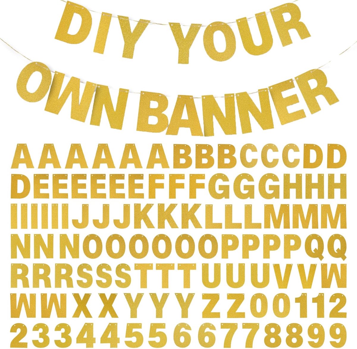 OLOEY DIY-bannerpakket met letters-Glitterbannerletters-Aanpasbare verjaardagsbanners-afstudeerbanner en feestbanner om op te hangen-Decoratie voor afstuderen-bruiloften-feesten en babyshowers(Goud)