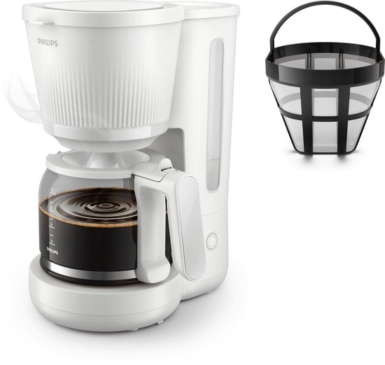 Cafetière Philips blanche avec verseuse en verre, avec un panier-filtre noir amovible à côté.