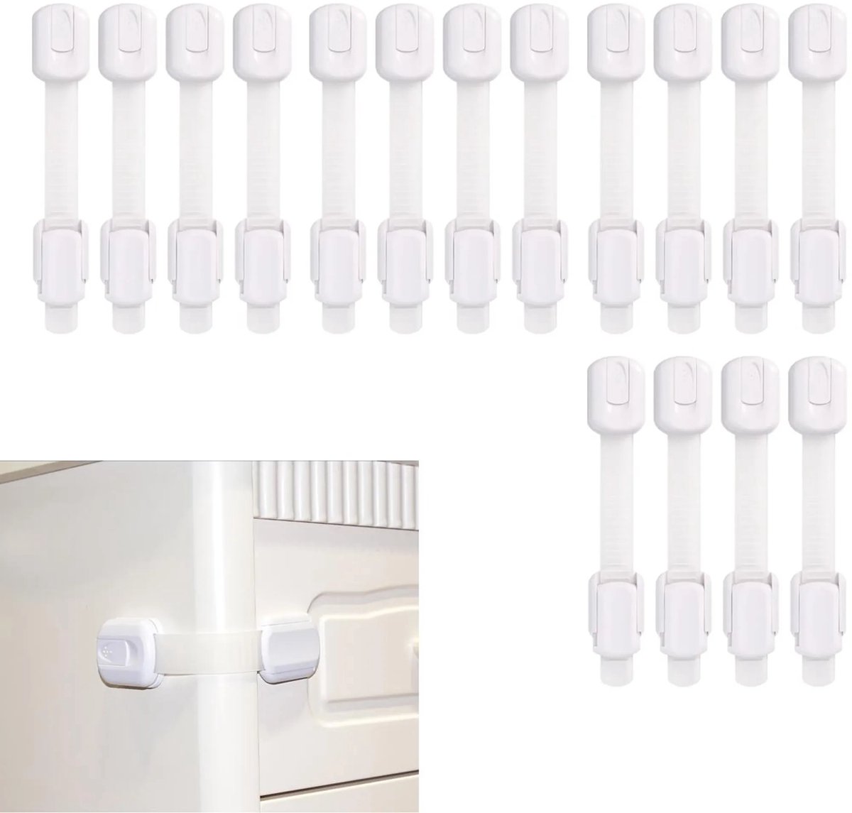 16 kinderveiligheidssloten, in lengte verstelbaar, geschikt voor lades en kasten, gemaakt van wit plastic, circa 19 x 3,3 x 1,3 cm, met zelfklevende achterkant.