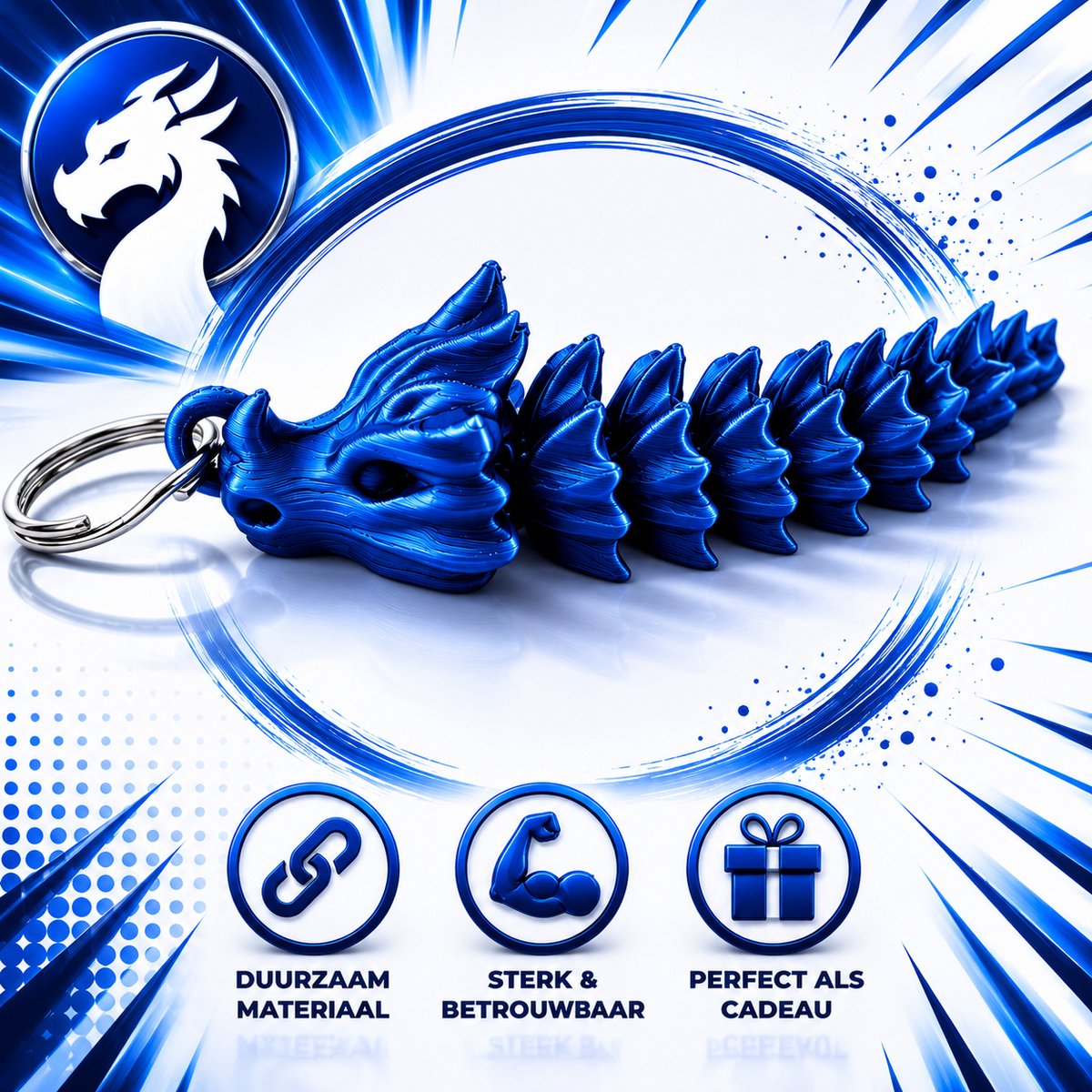Botten Draak Sleutelhanger XXL - Flexibele Draak Sleutelhanger - Dragon Keychain Voor Kinderen En Volwassenen - Fantasy Accessoire Voor Sleutels Tas Rugzak - Cadeau Voor Dragon Liefhebbers - 10 CM - Blauw