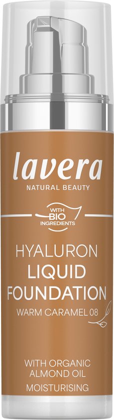 Fles Lavera Hyaluron Liquid Foundation Warm Caramel 08 met pompje.