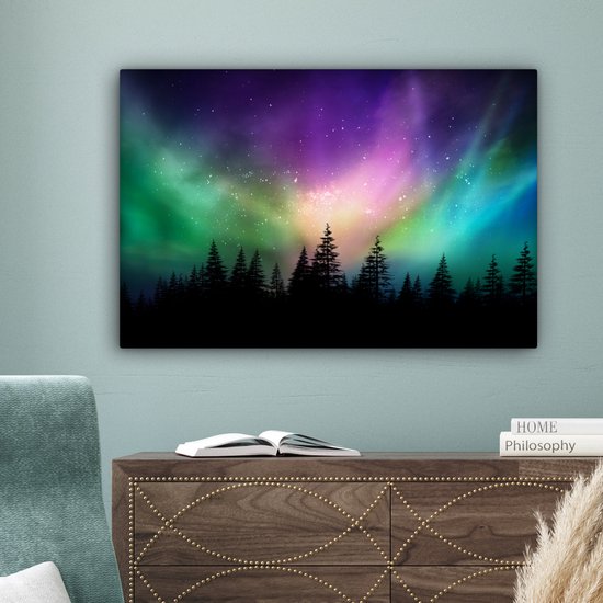 Canvas schilderij 60x40 cm - Wanddecoratie Noorderlicht - Sterrenhemel - Bos - Canada - Muurdecoratie woonkamer - Slaapkamer decoratie - Kamer accessoires - Schilderijen op canvas