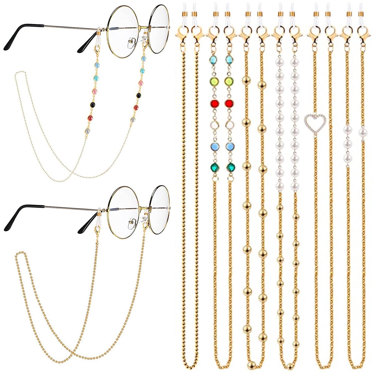 Dailygoods - Set van 6 Brillenkettingen voor Dames met Anti-slip Ringen