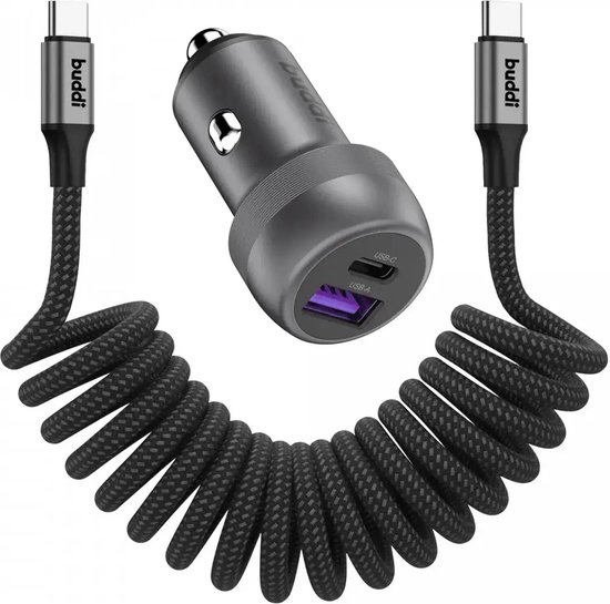 Buddi Power USB - C Autolader & USB - A + C Poort met USB-C naar USB-C Krulsnoer Kabel | Snelladen 89W | Compact formaat | Telefoon oplader voor in de auto | Geschikt voor sigarettenaansteker