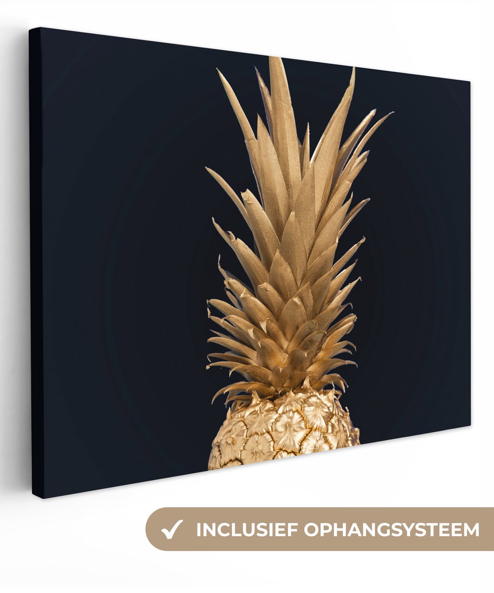 Canvas schilderij 160x120 cm - Wanddecoratie Ananas - Goud - Verf - Zwart - Fruit - Luxe -