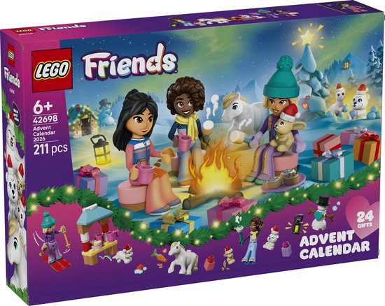 LEGO Friends kerstkalender doos met 3 minipoppetjes, een paard en een konijn rond een kampvuur. Thema: winter en cadeautjes.