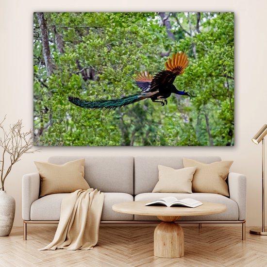 Paon coloré vole à travers les bois Toile 180x120 cm - Tirage photo sur toile (Décoration murale salon / chambre) XXL / Groot format!