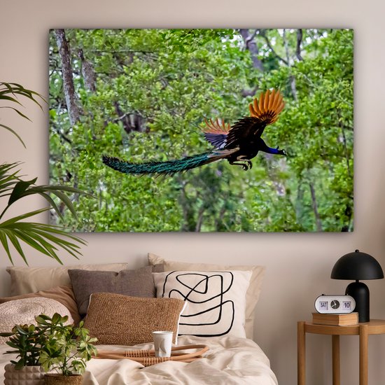 Paon coloré vole à travers les bois Toile 180x120 cm - Tirage photo sur toile (Décoration murale salon / chambre) XXL / Groot format!