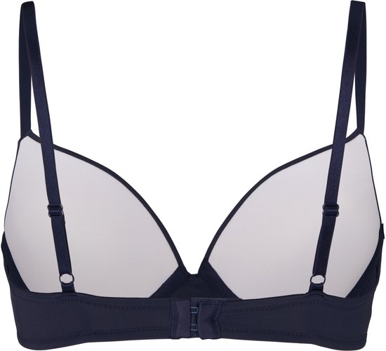Marineblauwe Plunge beugel bh, achterkant, met voorgevormde cups en verstelbare bandjes.