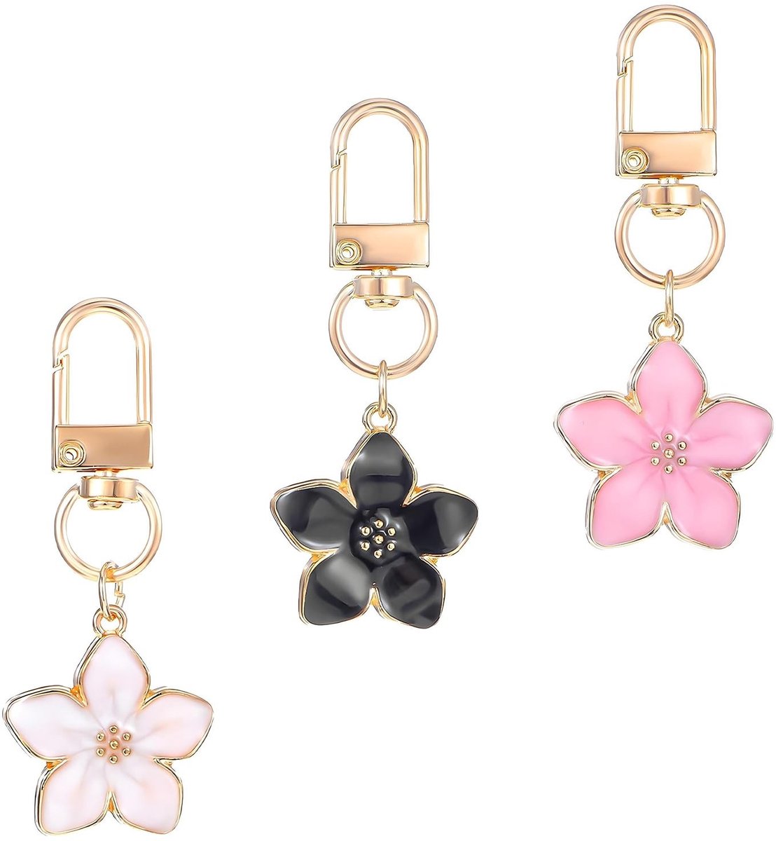 Dailygoods - Set van 3 Esthetische Bloemen Sleutelhangers in Roze, Zwart en Wit