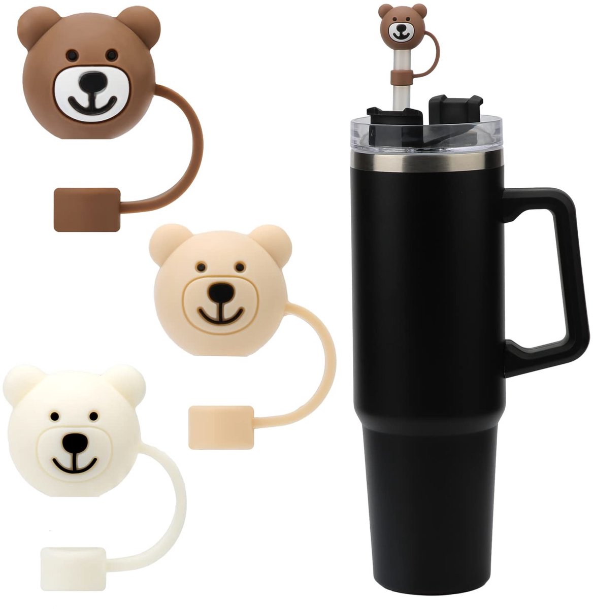 Dailygoods - Dailygoody - Rietjesdoppen - Siliconen rietjeshoes - 3 stuks - Cartoon beer - BPA-vrij - Bescherming voor rietjes - Bruin, wit, beige