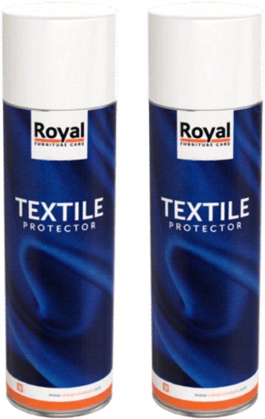 Twee spuitbussen Royal Furniture Care Textile Protector op een witte achtergrond.