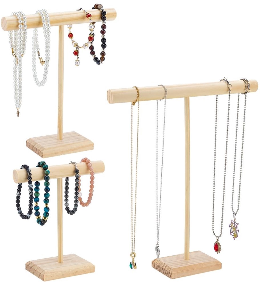 Dailygoods - Dailygoody - Houten T-Bar Sieraden Display Stand - Perfect voor Kettingen - 3 Stuks - Handig en Ruimtebesparend - Ideaal voor Armbanden en Ringen - Ge