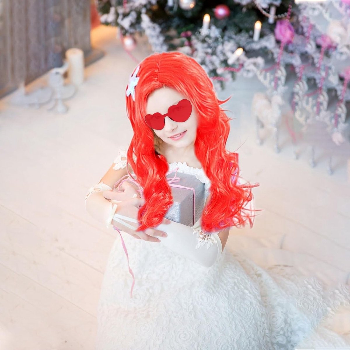 Lang Krullend Haar Perucque voor Dames, Rode Zeemeermin Kostuumperucque met Bril en Haarnet, Prinsessen Fancy Dress voor Kinderen en Volwassenen voor Halloween en Cosplay Feestjes
