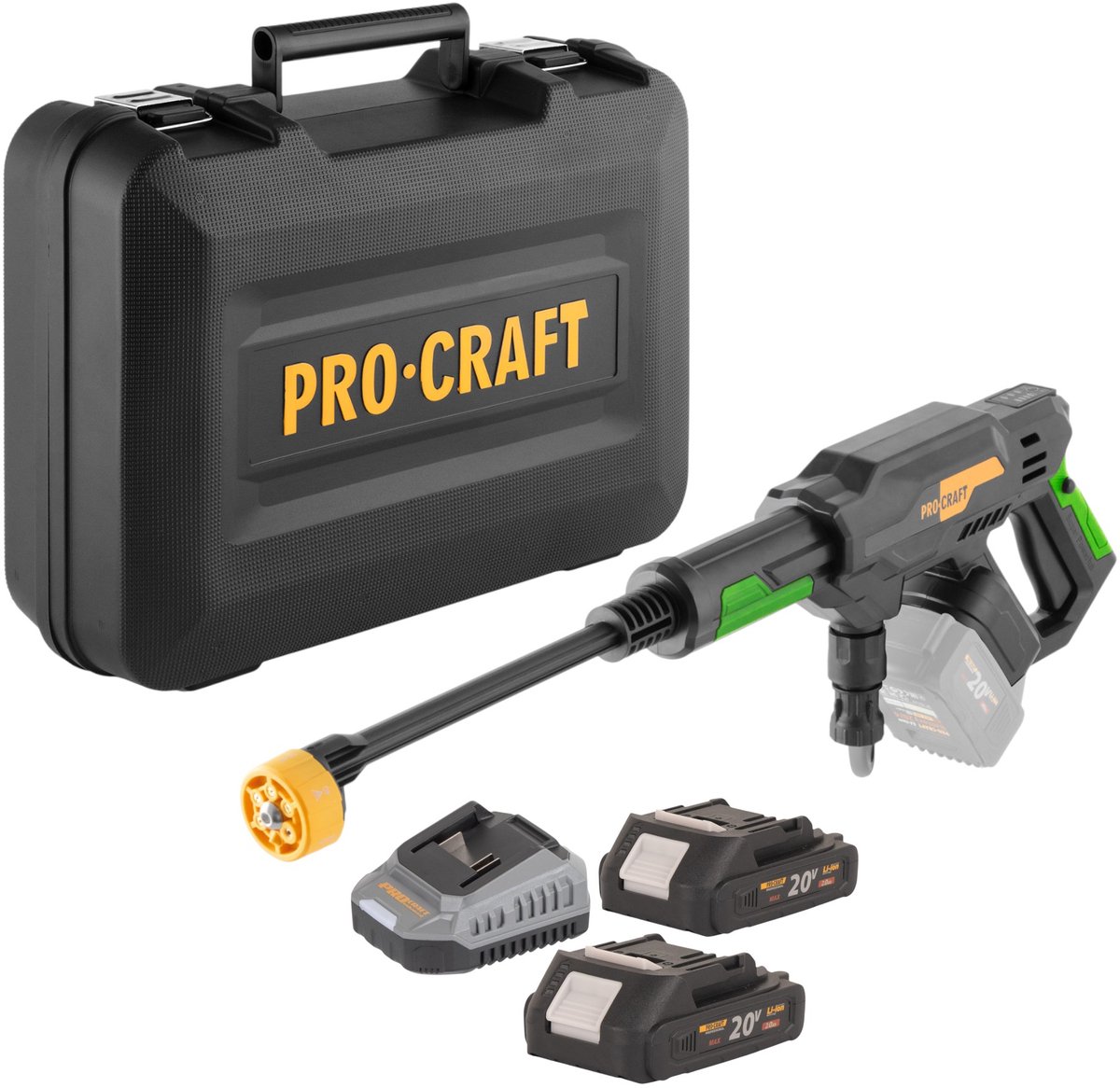 Procraft CW20bb accu-hogedrukreiniger 20 V 30 bar 180 l/u borstelloos + 2x accu 2,0 Ah + oplader + koffer