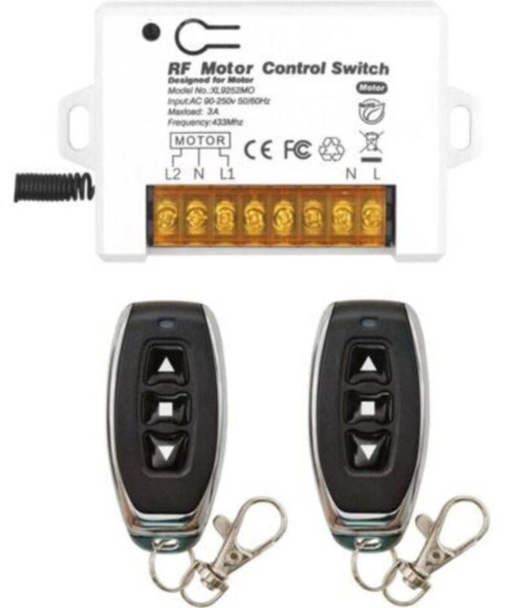 Draadloze afstandsbediening voor rolluiken, AC 90V/250V 3A relaisontvangercontroller, met 2 zenders, draadloze motorbesturing, omkeerbaar.