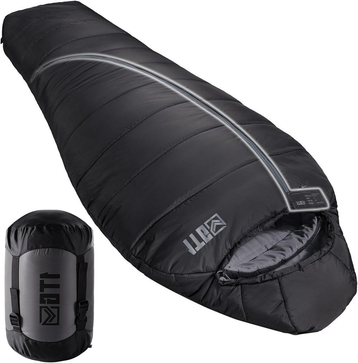 Tactische Slaapzak voor 4 Seizoenen - Compacte en Warme Slaapzak voor Volwassenen - Ideaal voor Kamperen, Trekking en Reizen (tot 185 cm) - Zwart
