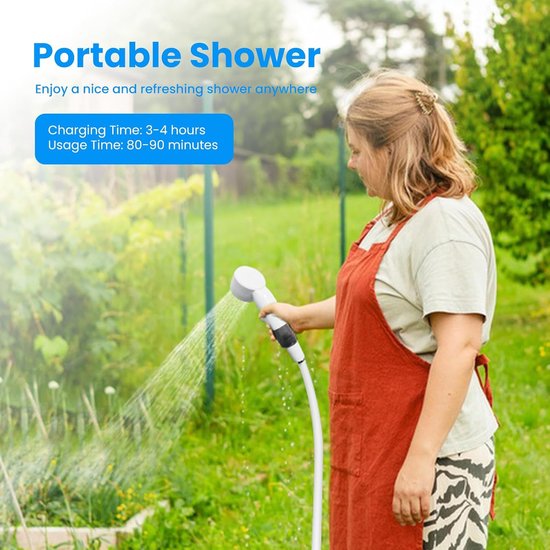Draagbare Camping Douche - Oplaadbare Buitendouche - 2m - Mobiele Douche - Tuindouche - Reisdouche - Voor Kamperen, Wandelen, Reizen, Camper, Huisdieren en Strand - Incl. Douchkop, Spuitpistool, Zuighaak, USB, Opbergtas en Handleiding - SOLLBRY® — afbeelding 5